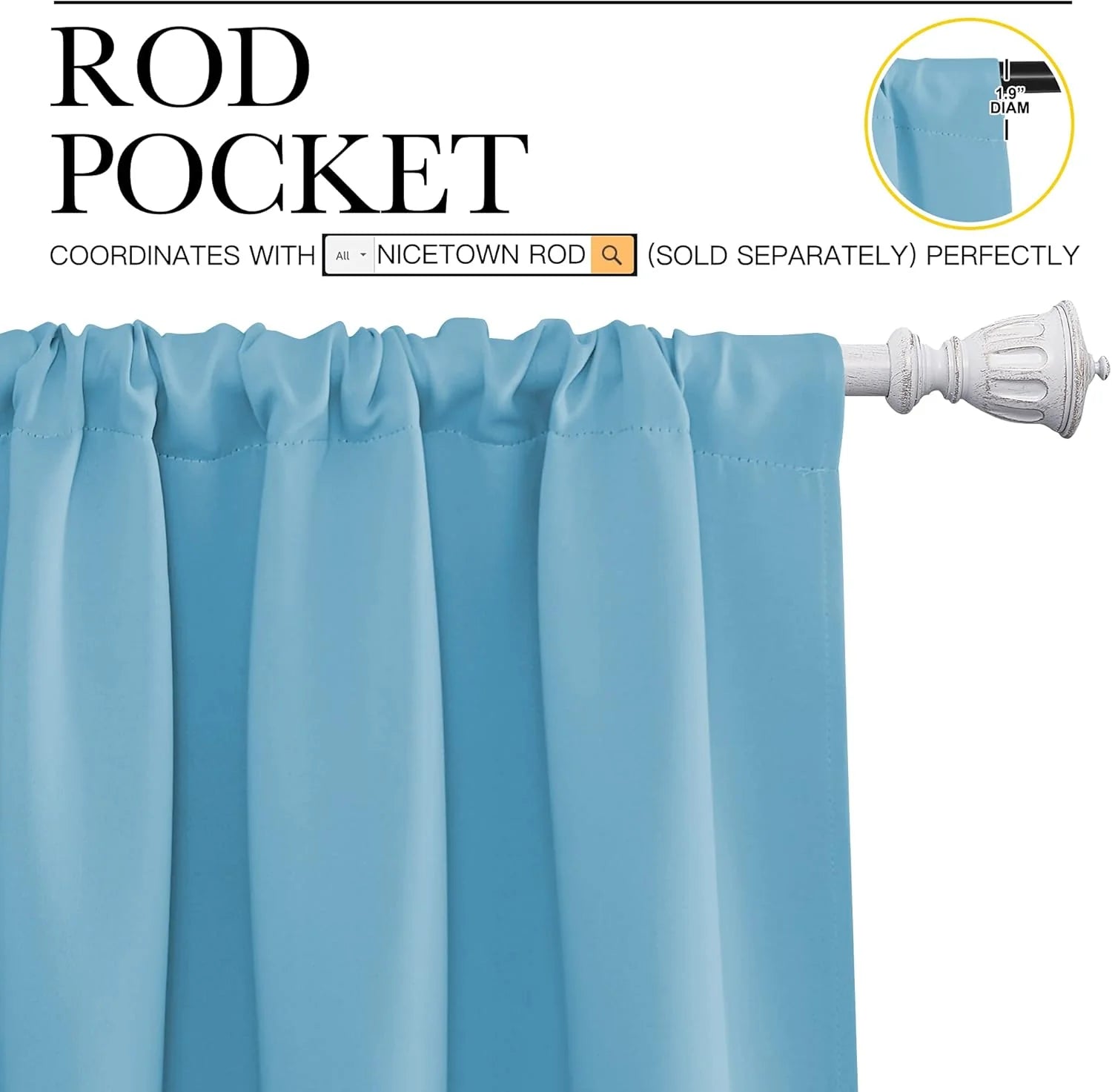 Light blue rod pocket curtain panel on white decorative curtain rod close-up