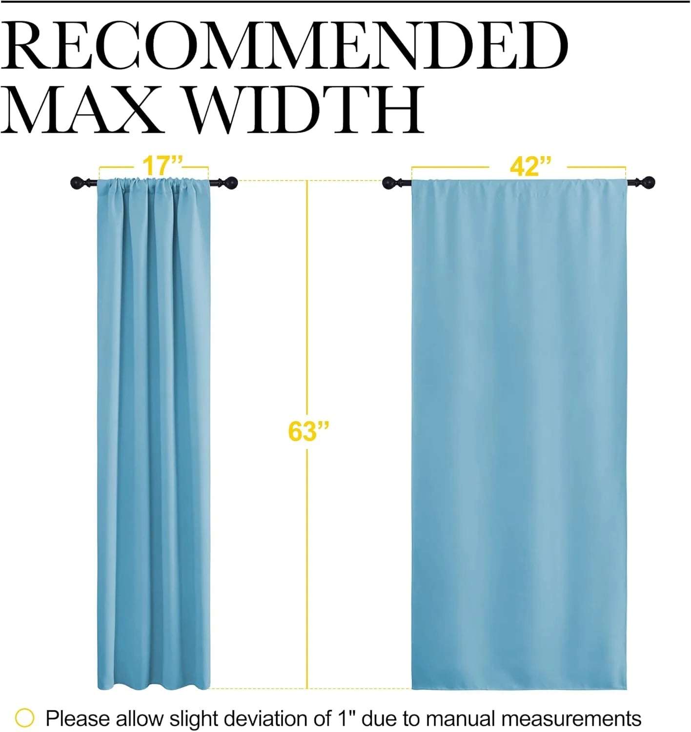 Blue rod pocket curtain panel shown with recommended max width and 63-inch length