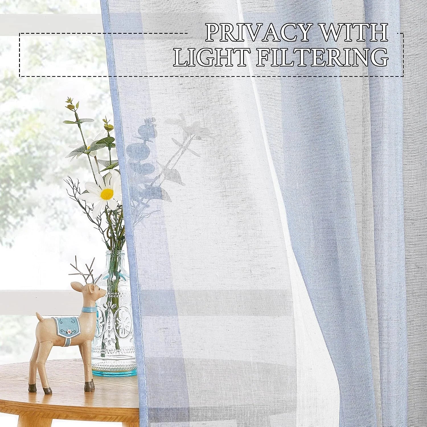 Light blue sheer curtain filtering sunlight beside a window with vase and deer decor