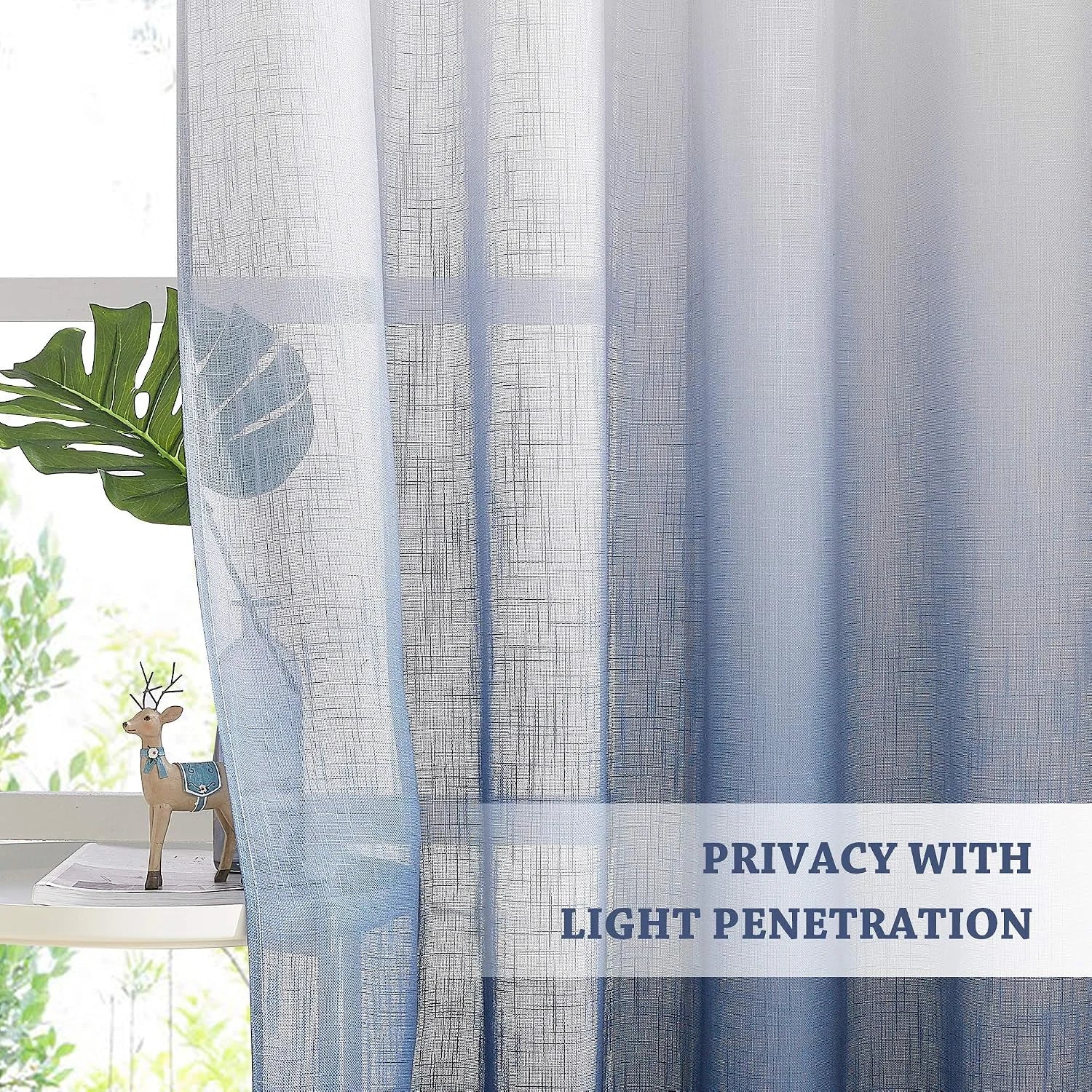 Light blue sheer curtain panel with linen-look texture filtering sunlight by a window