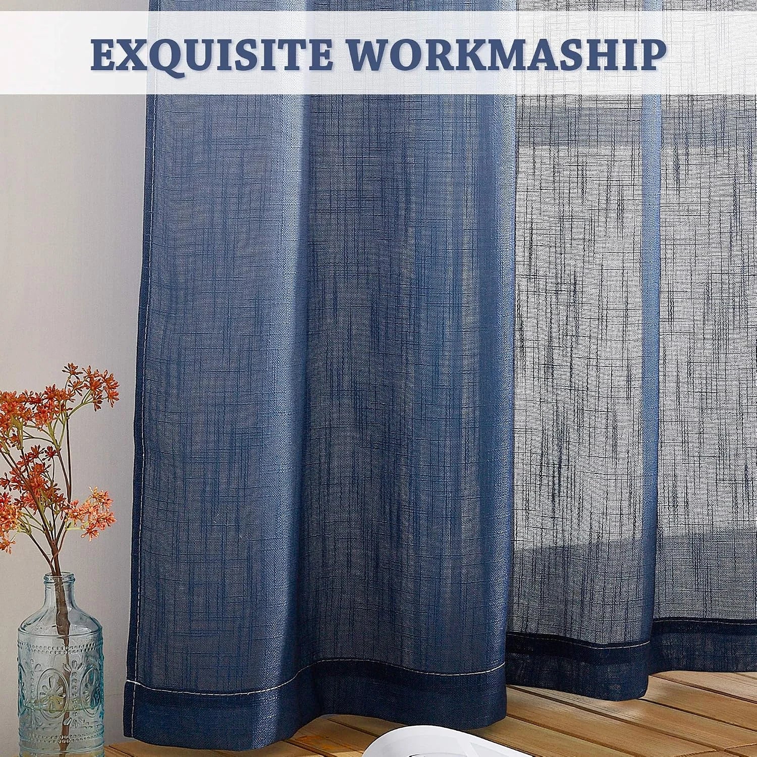 Blue sheer linen-look curtain panel with textured weave by a bright window