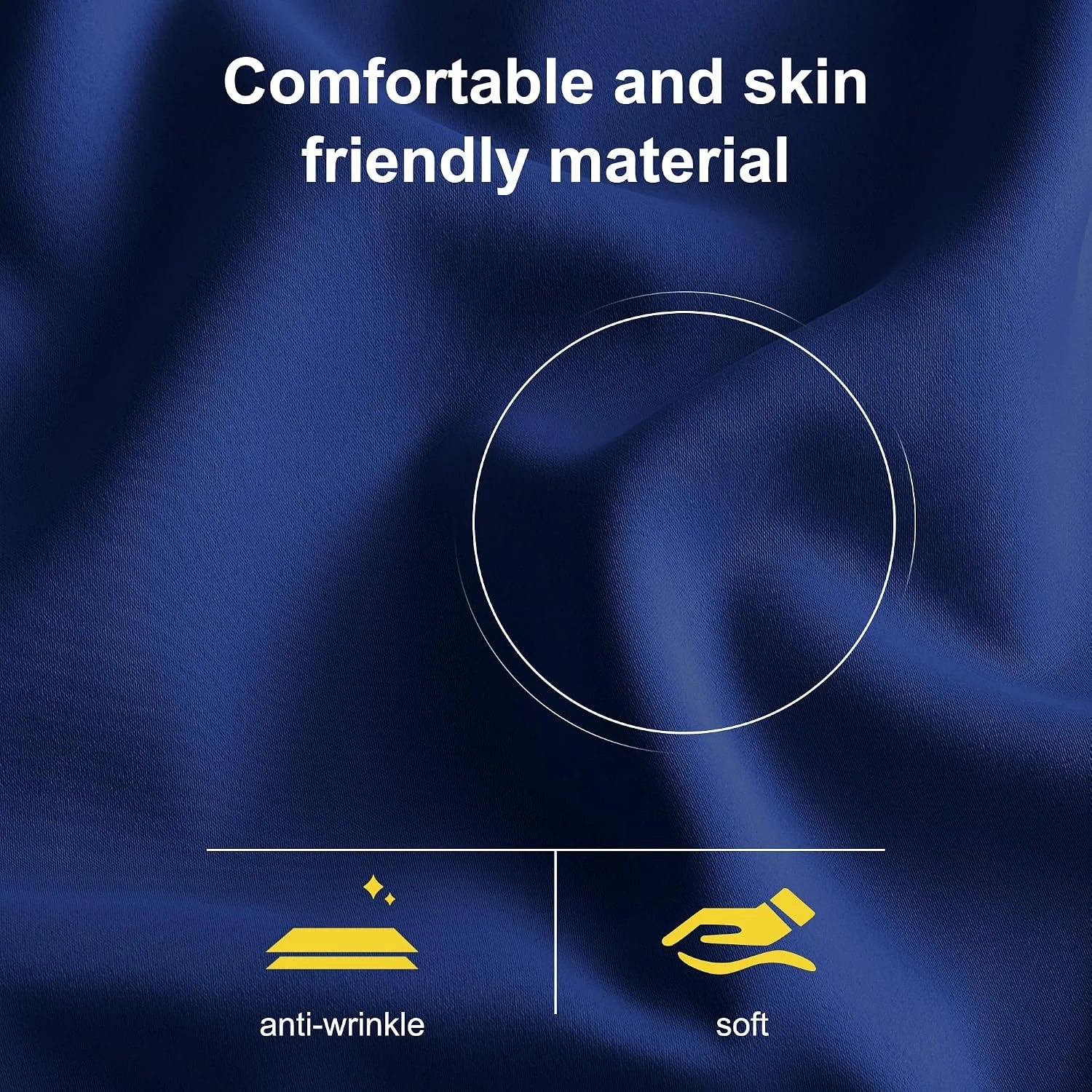 Close-up of smooth blue fabric with soft, anti-wrinkle and skin-friendly text overlay
