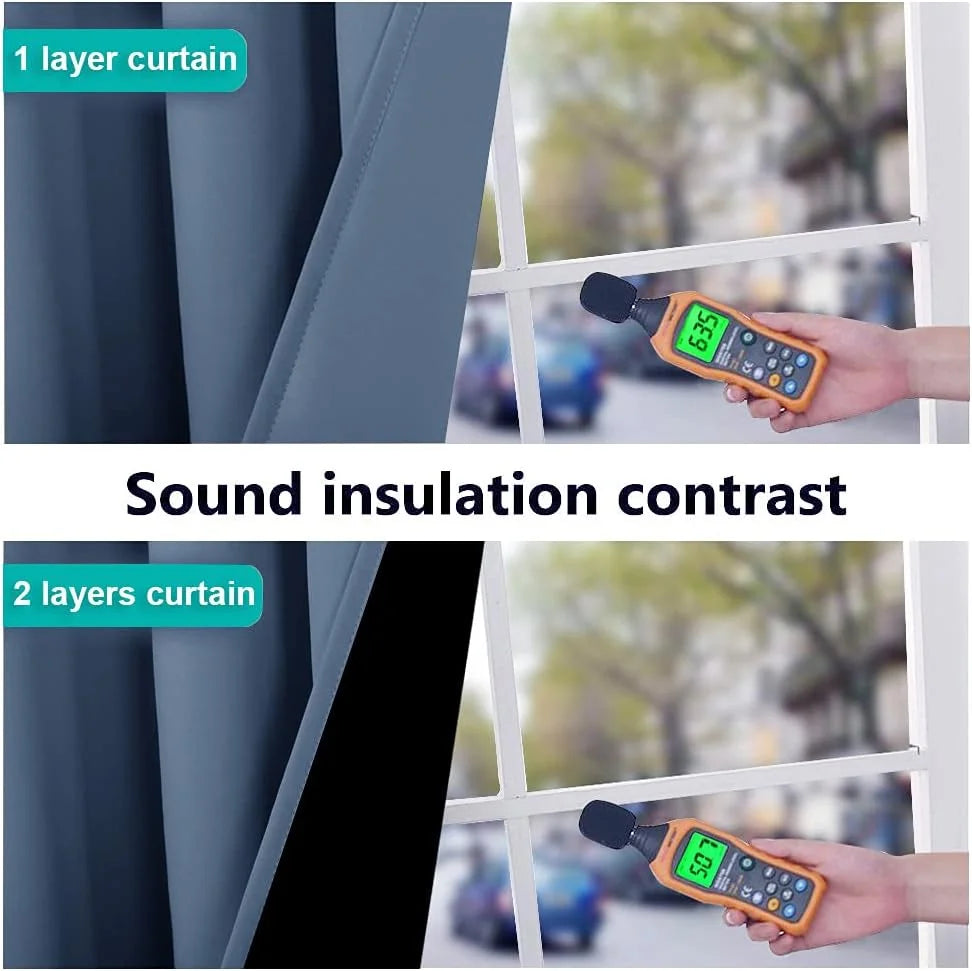 Blue curtain sound insulation comparison showing 1-layer and 2-layer panels by a window