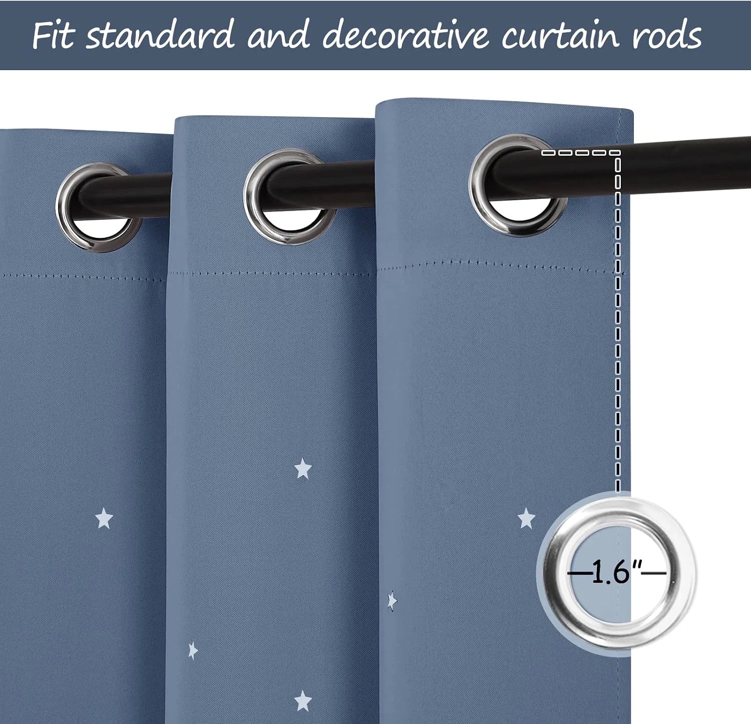 Blue blackout curtain with white stars and silver grommets on a black rod