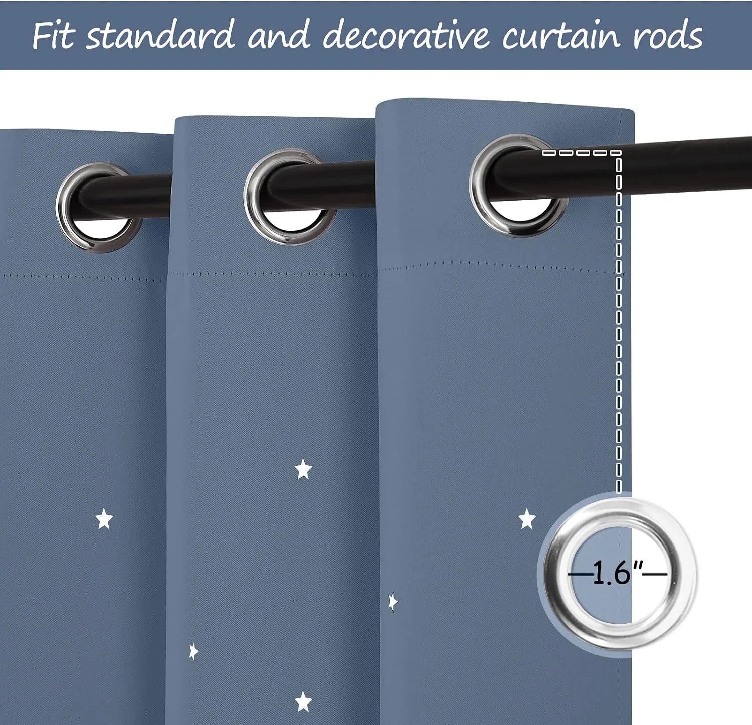 Blue curtain panel with white stars and silver grommets on a black rod