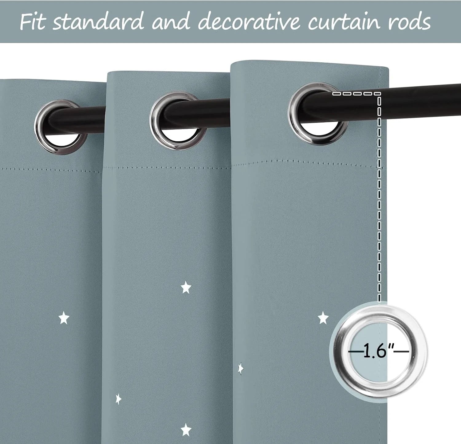 Blue curtain panel with white stars and silver grommets on a black curtain rod