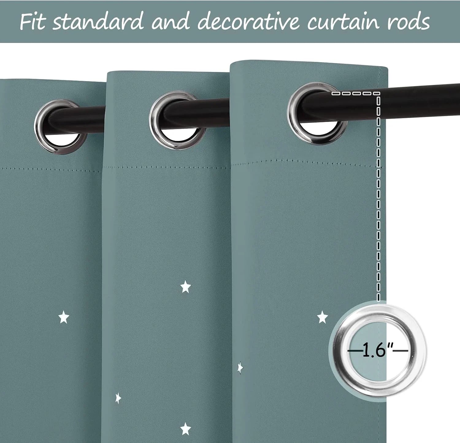 Blue curtain panel with white stars and silver grommets on a black curtain rod