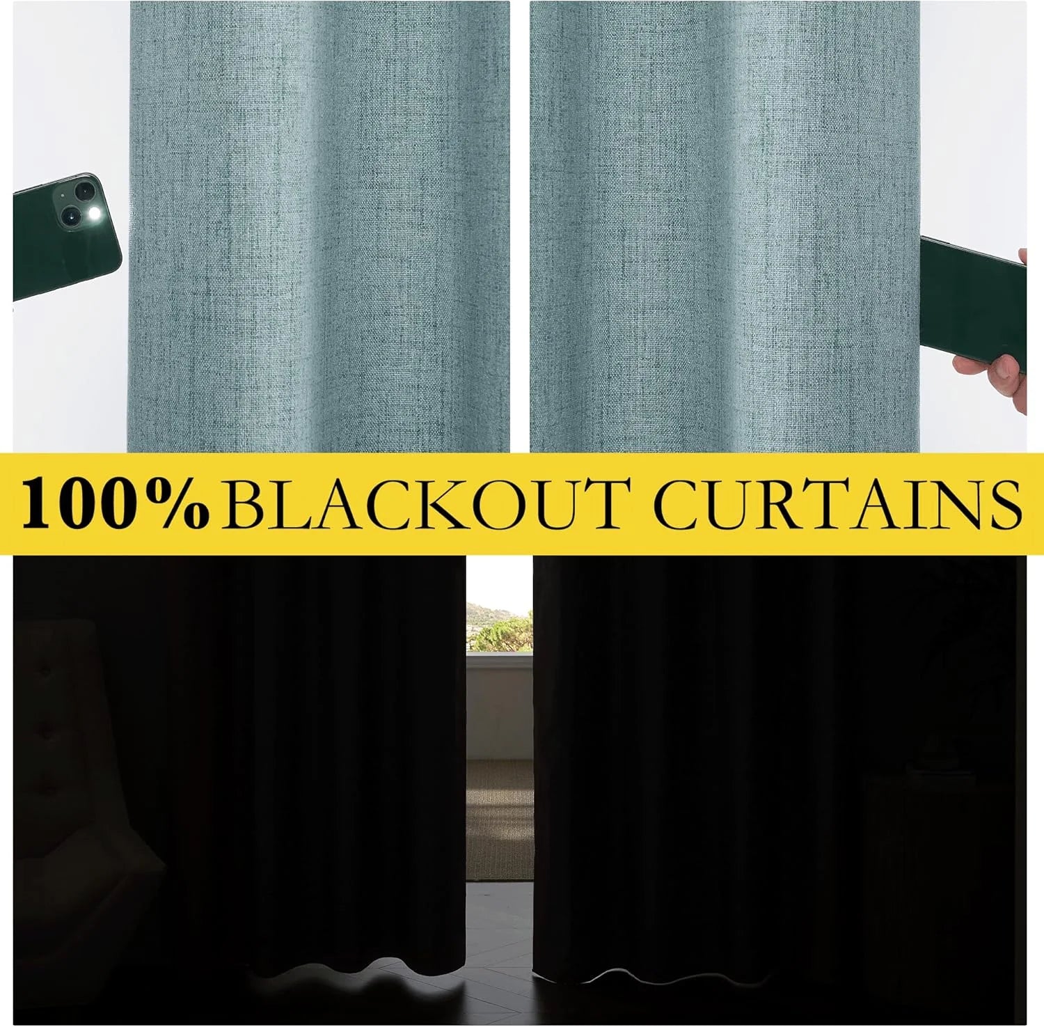 Blue textured blackout curtains shown blocking light in a room with phone flash behind