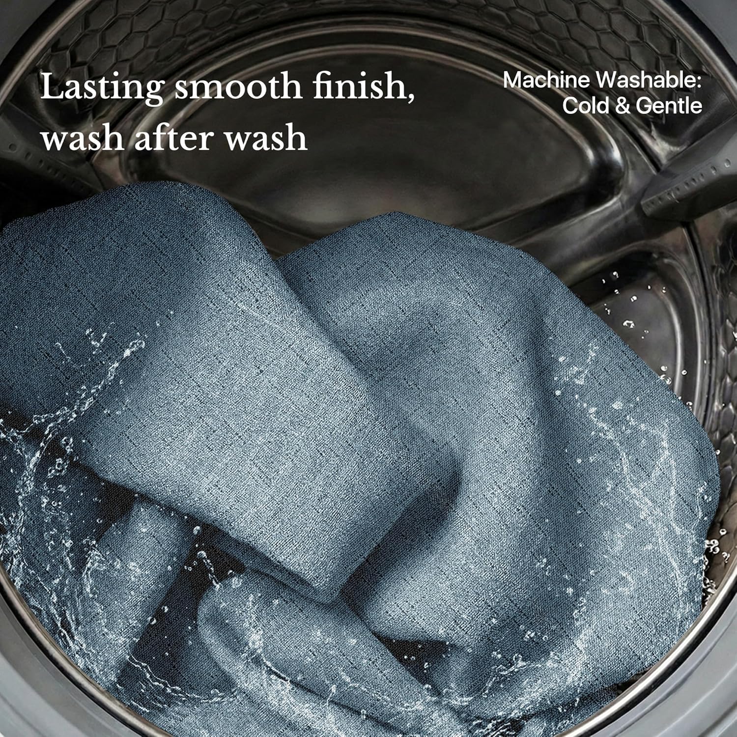 Blue textured fabric in a washing machine with water, highlighting its durable, machine-washable finish.