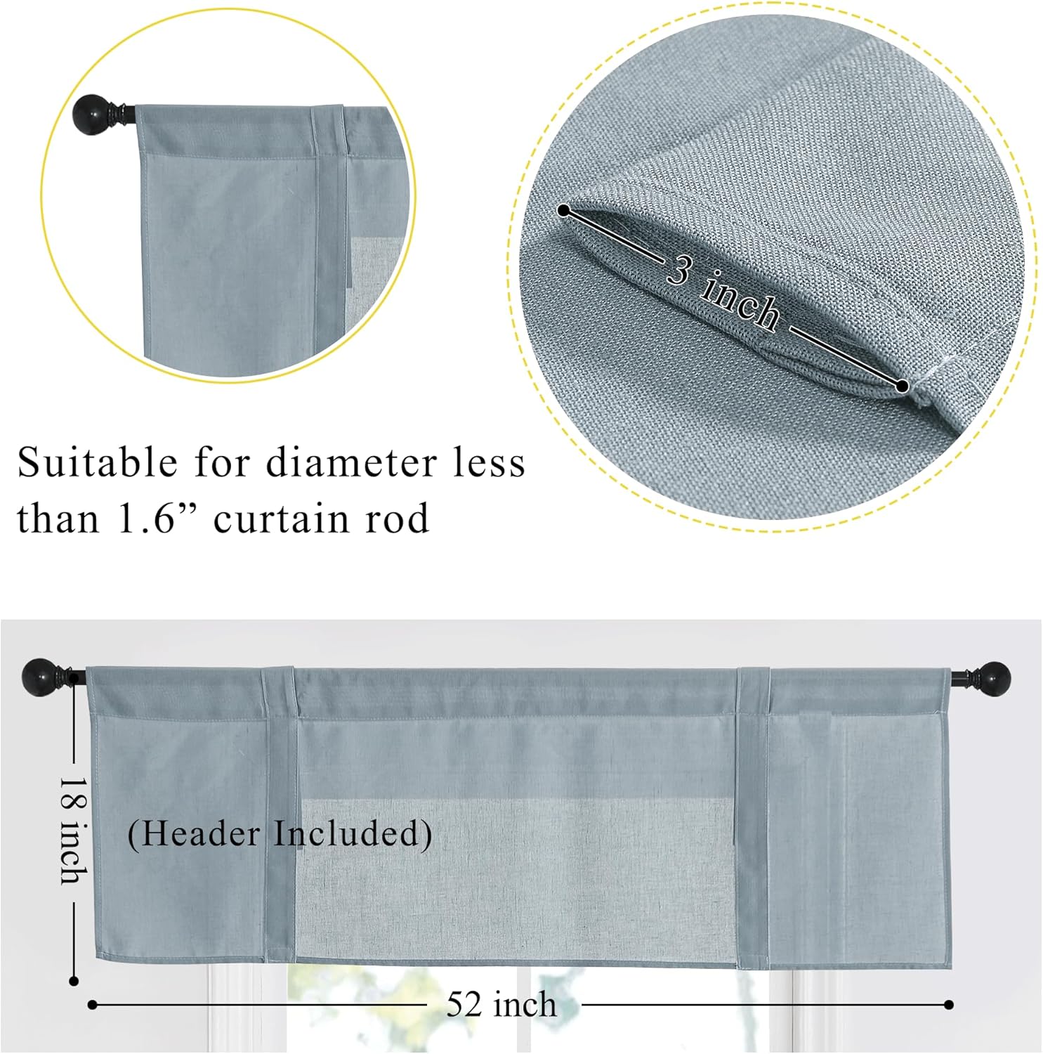 Light blue textured linen blend valance with 3-inch rod pocket, 18x52 inches, for window decor.