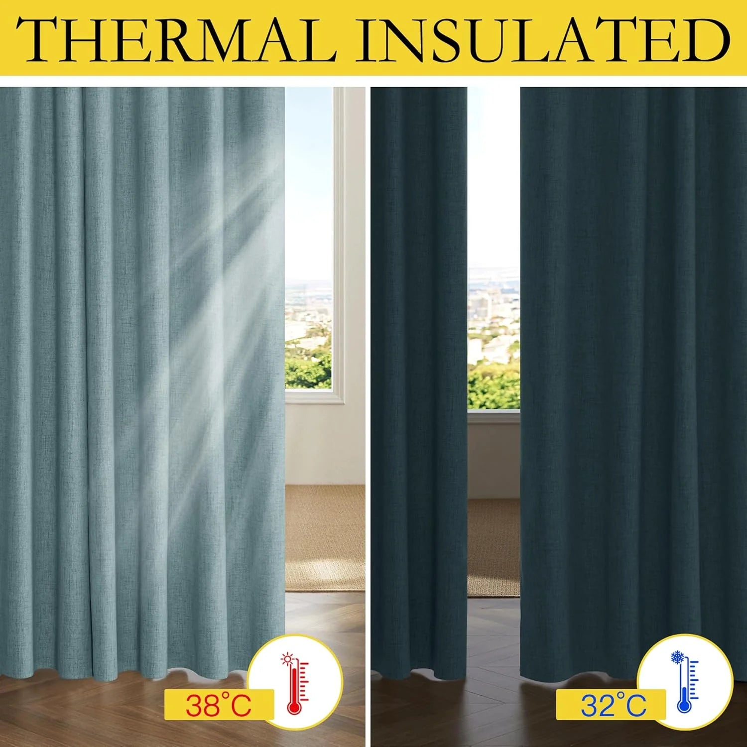 Blue thermal insulated curtains shown in daylight and darkened room comparison