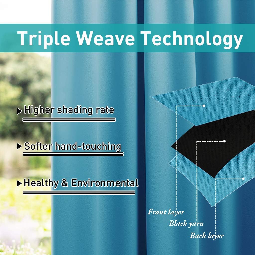 Close-up of blue triple weave blackout curtain, showing exploded layers with black yarn core for high shading.