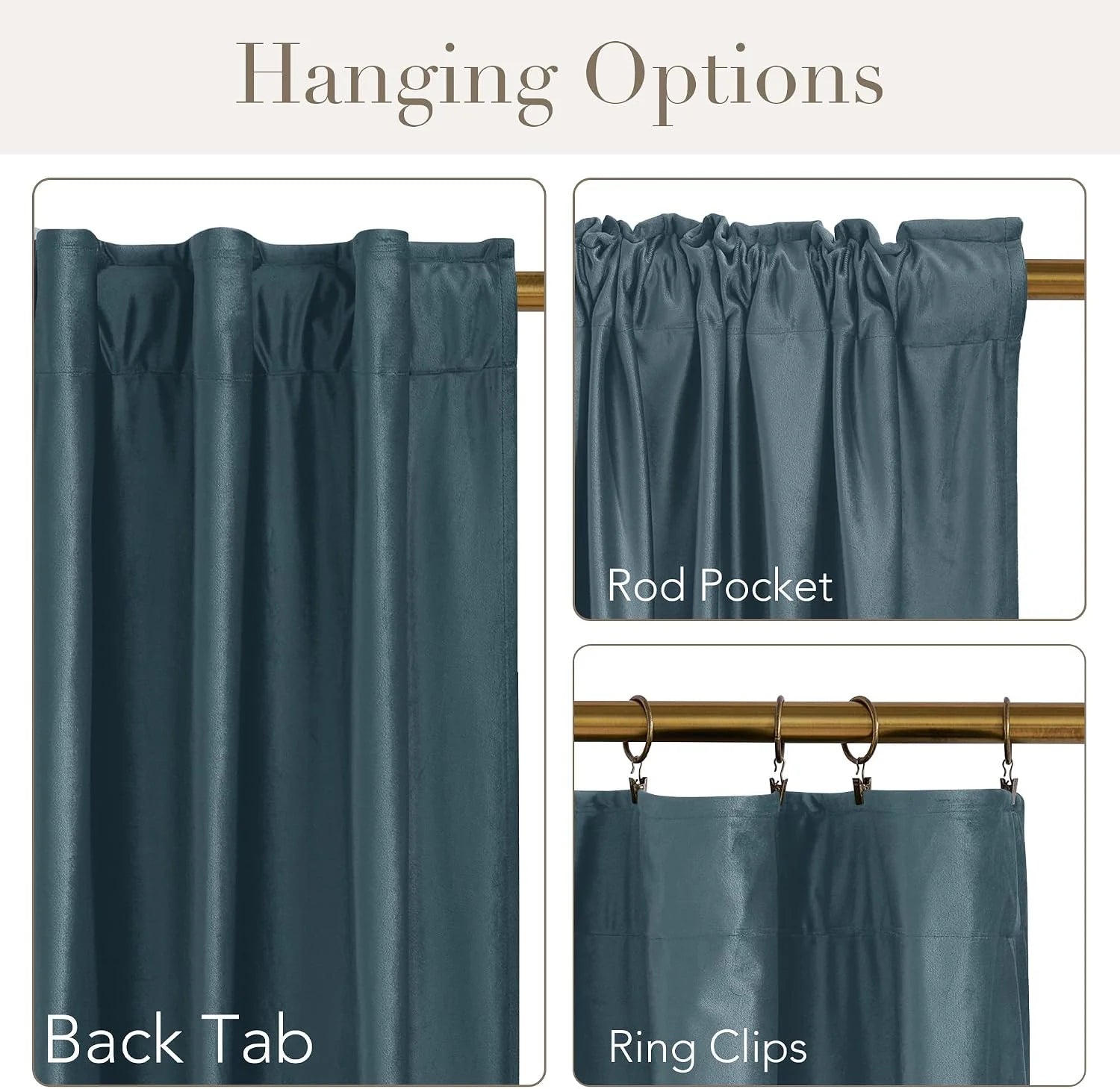 Blue velvet curtain panel showing back tab, rod pocket, and ring clip hanging styles
