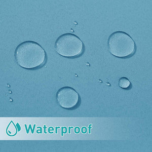 Close-up of water droplets beading on a light blue woven fabric, demonstrating its waterproof quality.