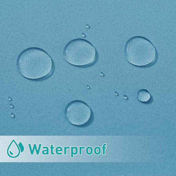 Close-up of water droplets beading on a light blue woven fabric, demonstrating its waterproof quality.