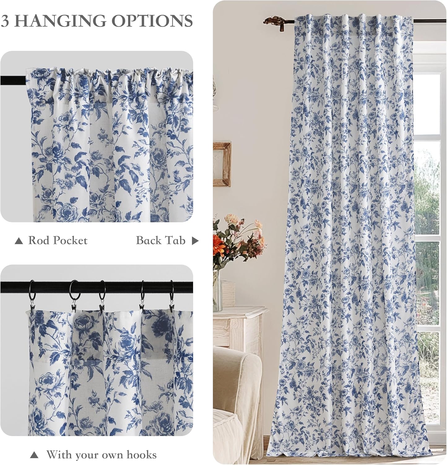 White curtain with blue floral pattern, showing rod pocket, back tab, and hook hanging styles.