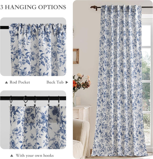 White curtain with blue floral pattern, showing rod pocket, back tab, and hook hanging styles.