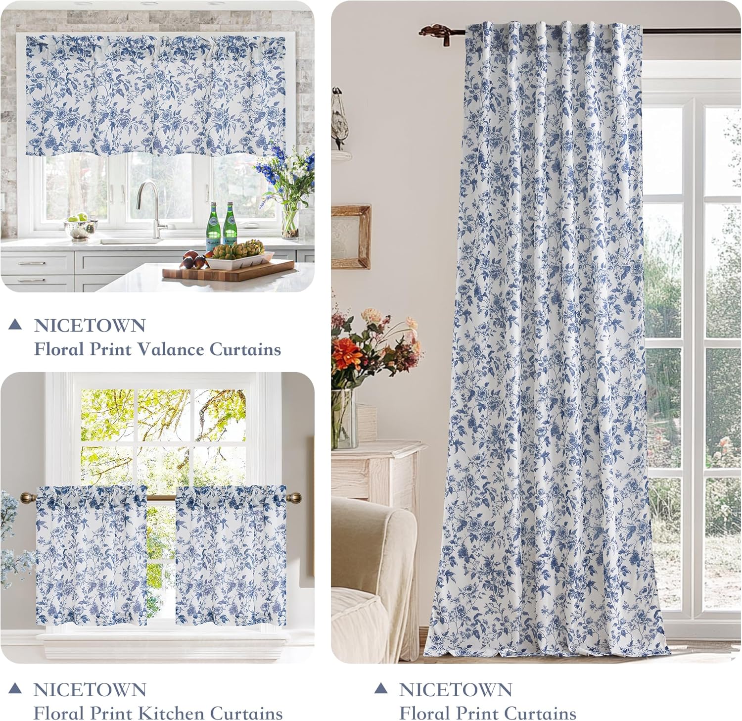 Blue and white floral print curtain collection, featuring valance, cafe, and full-length panel styles.