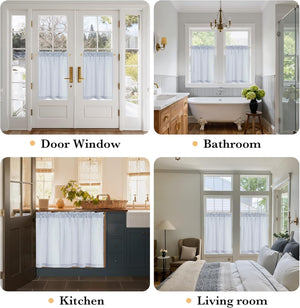 Light blue and white striped cafe tier curtains with a gathered top providing privacy.