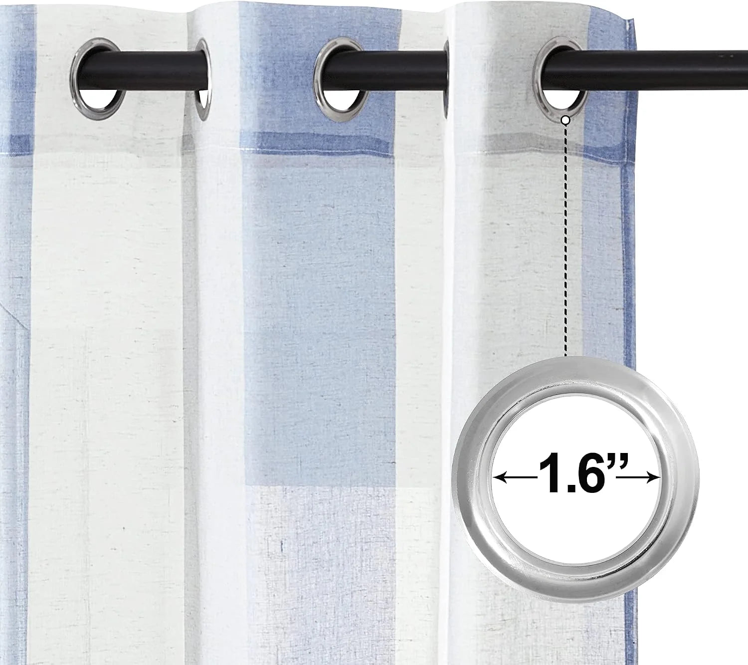 Blue and white striped sheer curtain panel with silver grommets on black rod