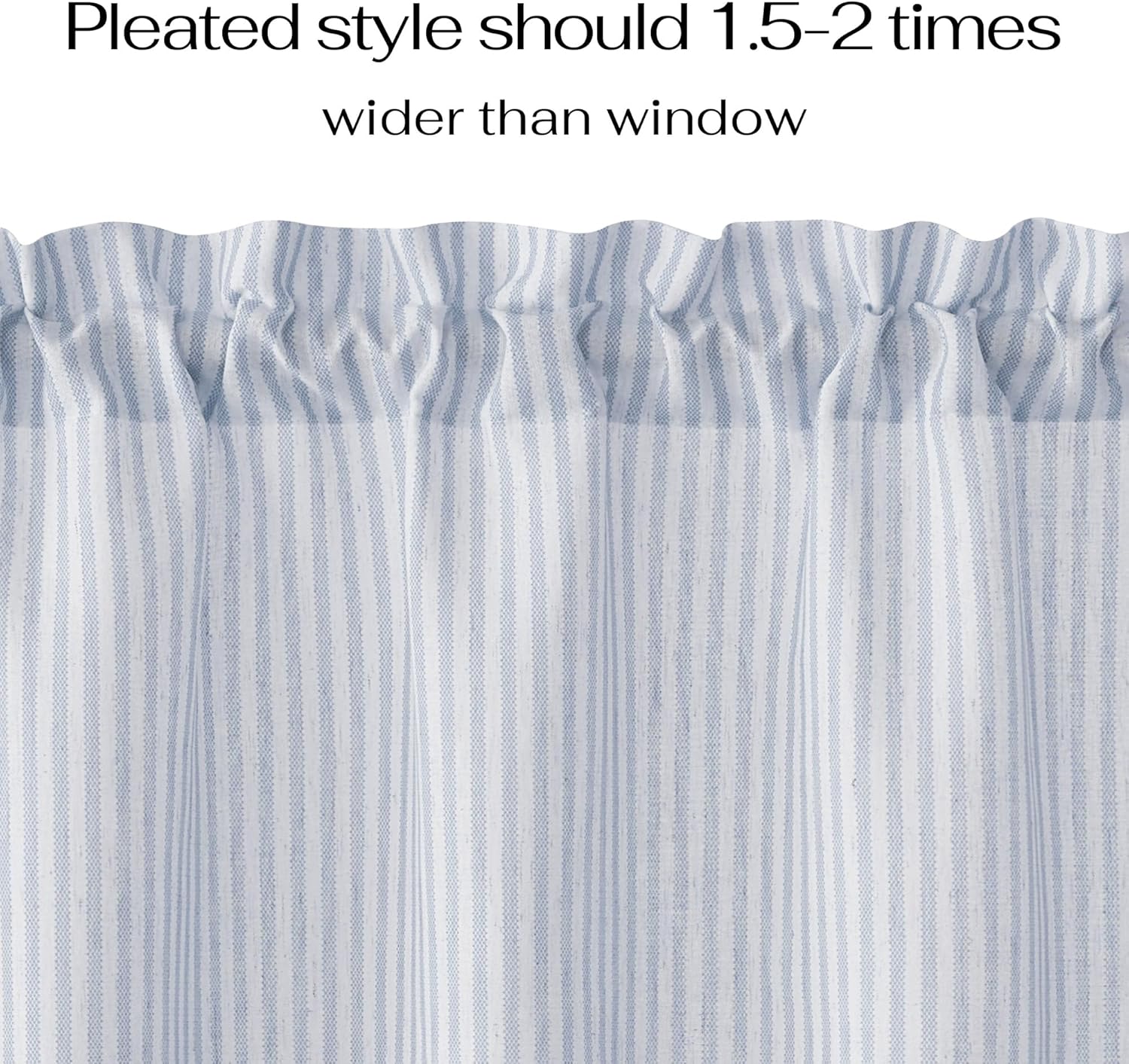 Blue and white striped linen curtain with a gathered rod pocket header, featuring narrow vertical stripes.