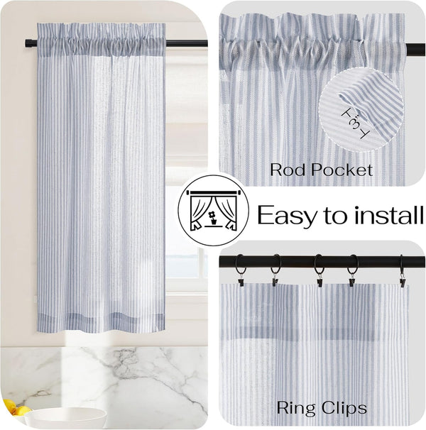 Blue and white striped cafe curtain with rod pocket top, hanging in kitchen window. Compatible with ring clips.