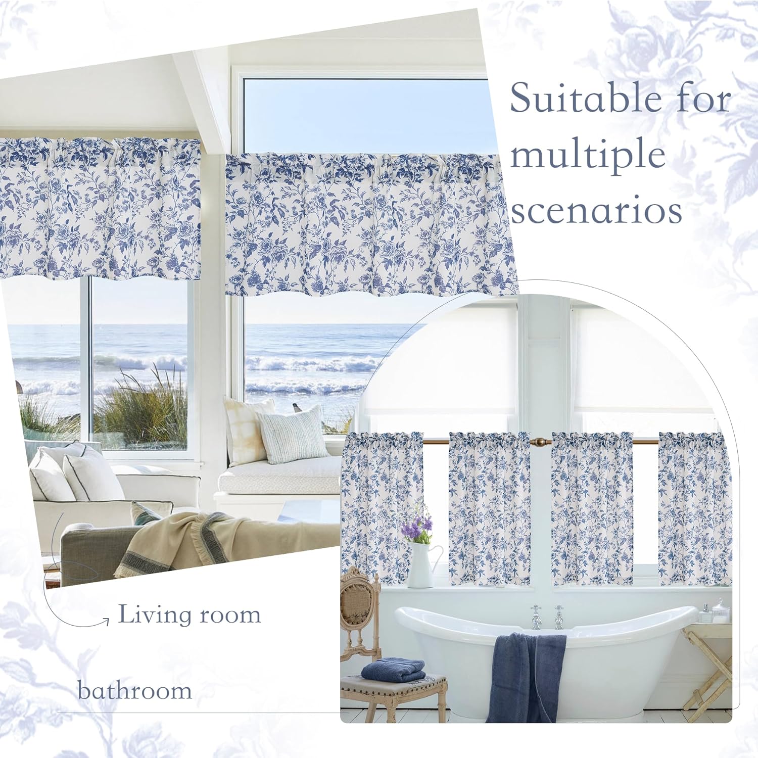 Blue and white toile floral rod pocket valance with delicate rose pattern, styled in multiple rooms.