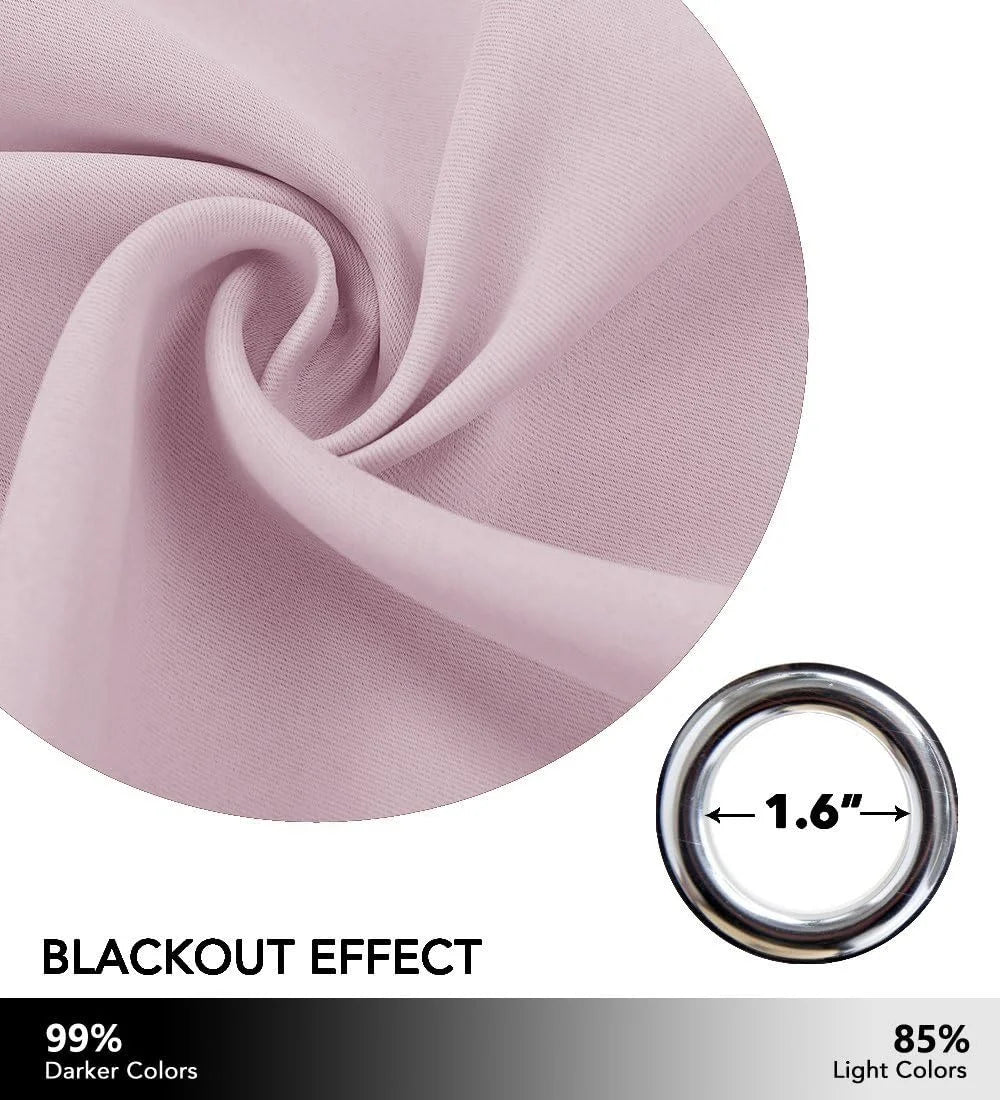 Blush pink blackout curtain fabric swirl with silver grommet ring detail