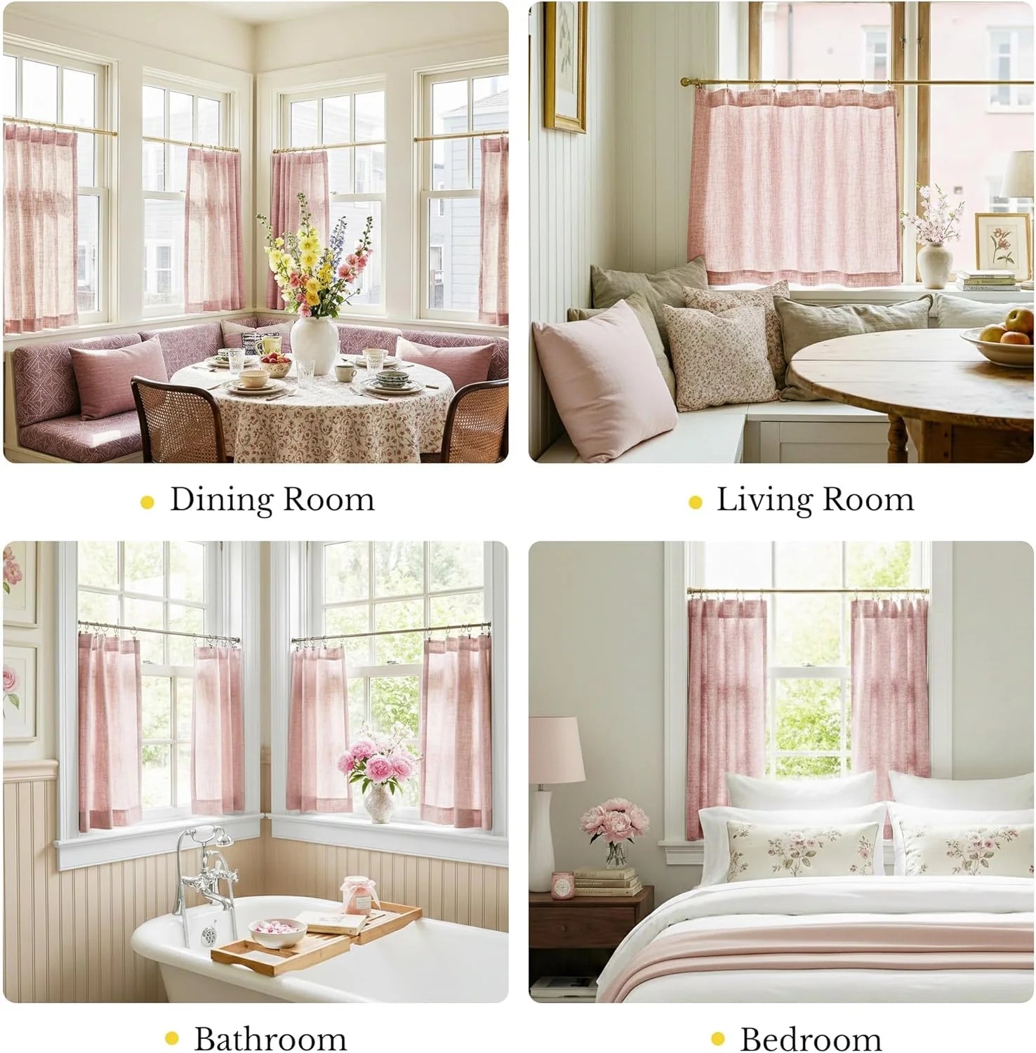 Collage of four home scenes showing blush pink cafe curtains in dining, living, bathroom, and bedroom settings.