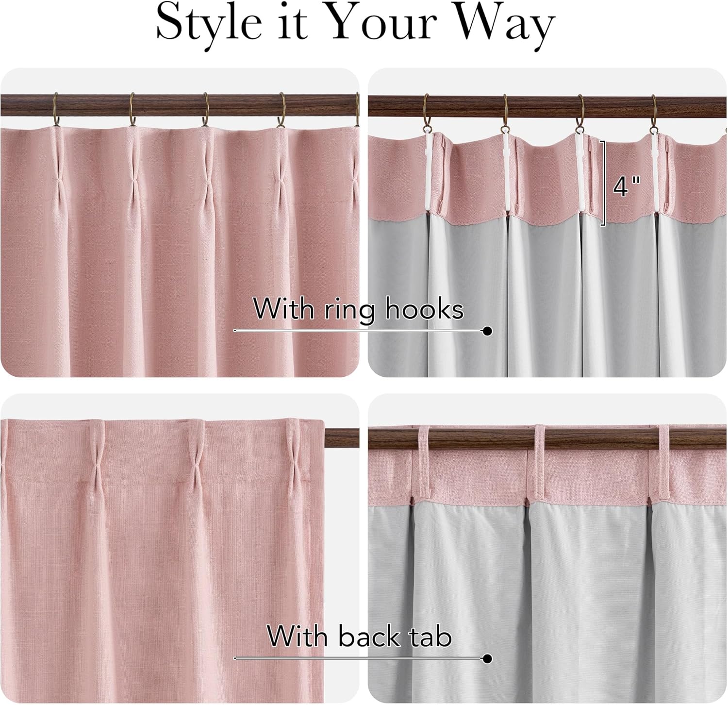 Blush pink linen-blend blackout curtain with grey lining, showing ring hook and back tab hanging.