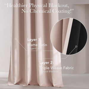 Elegant blush matte satin blackout curtains hanging, showing a triple weave fabric structure for physical light blocking.