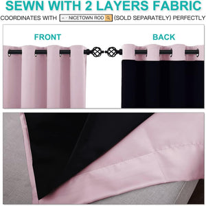 Two-layer blush pink blackout grommet curtain, revealing its front and black back lining.