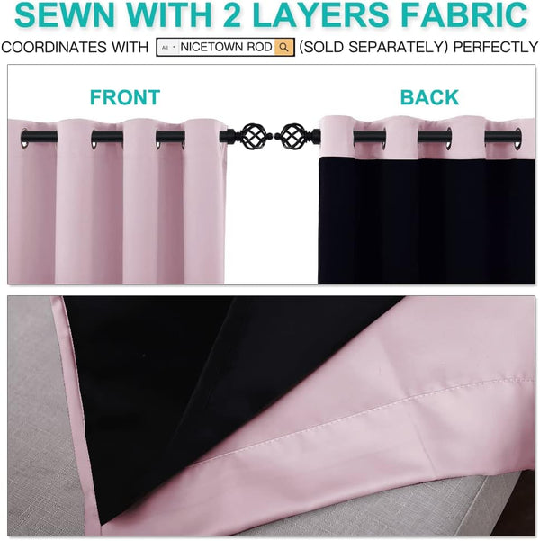 Two-layer blush pink blackout grommet curtain, revealing its front and black back lining.
