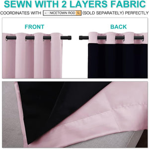 Close-up of blush pink blackout curtains with black lining and grommet top, showing front and back layers.
