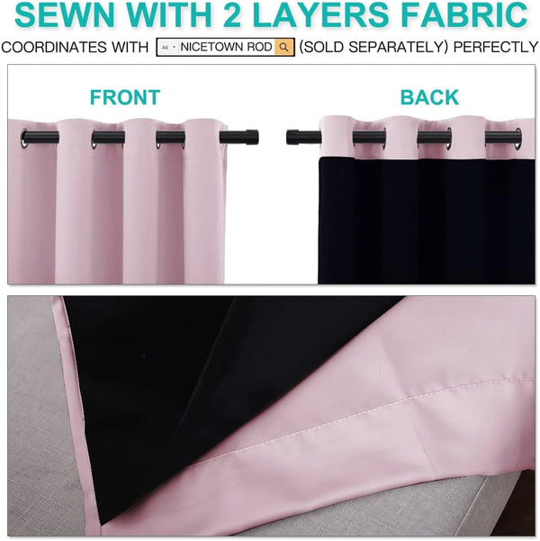Close-up of blush pink blackout curtains with black lining and grommet top, showing front and back layers.