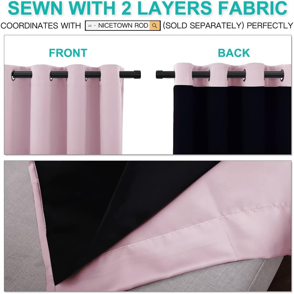 Close-up of blush pink blackout curtains with black lining and grommet top, showing front and back layers.