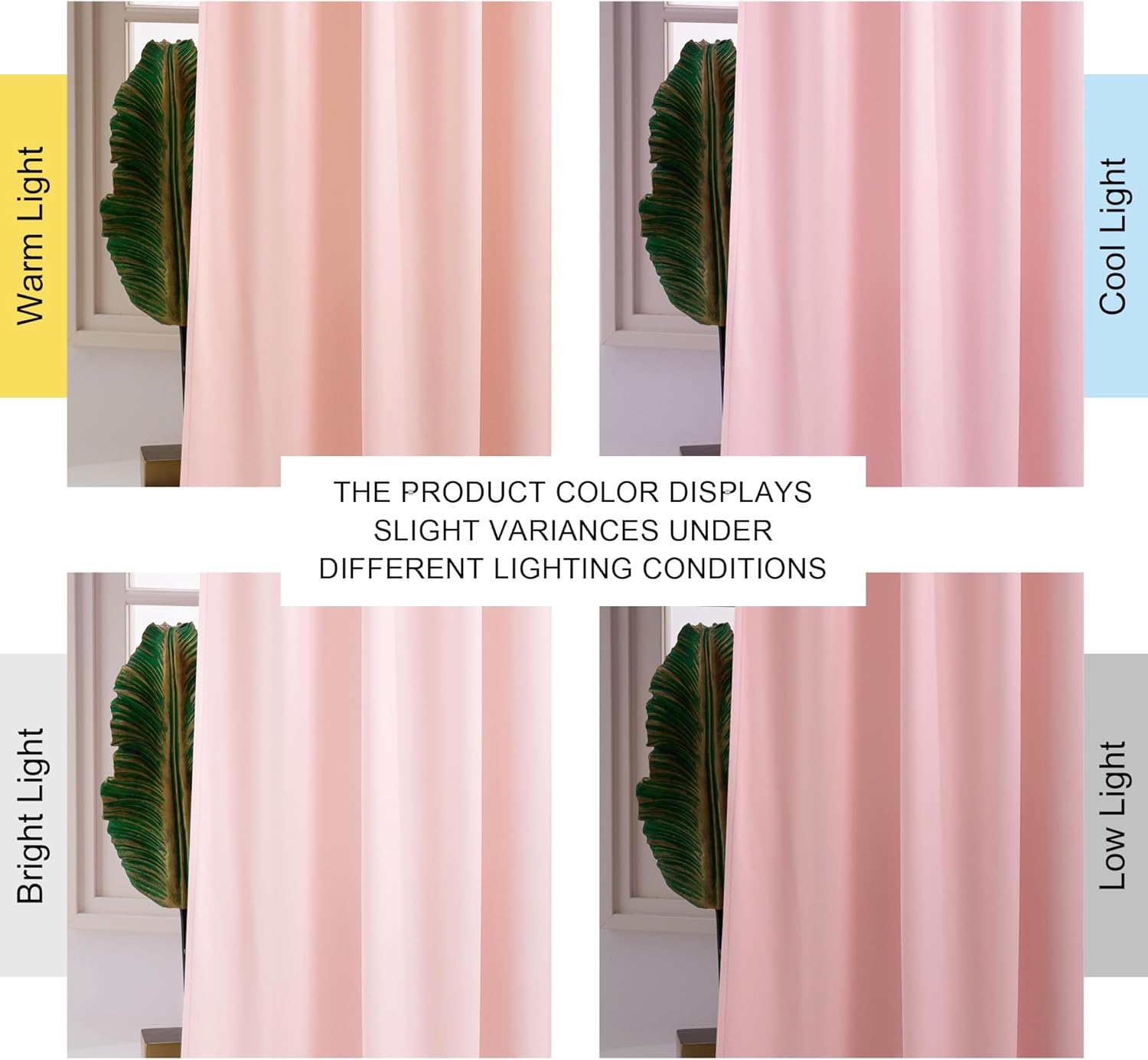 Blush pink curtain showing subtle color variations under warm, cool, bright, and low light.
