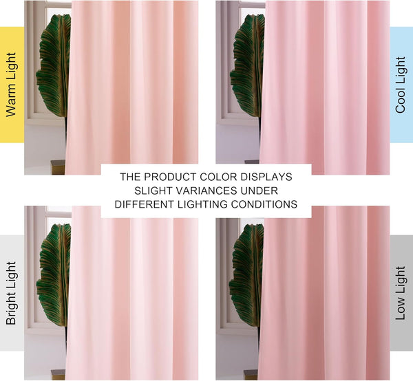 Blush pink curtain showing subtle color variations under warm, cool, bright, and low light.
