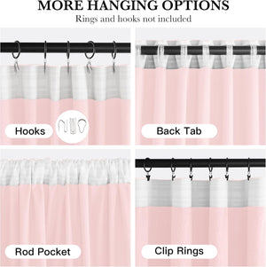 Pink curtains with white header showing hook, back tab, rod pocket, and clip ring options.