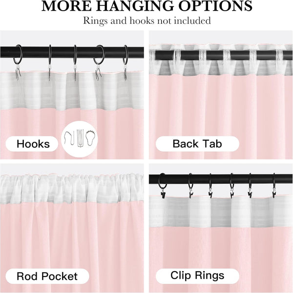 Pink curtains with white header showing hook, back tab, rod pocket, and clip ring options.