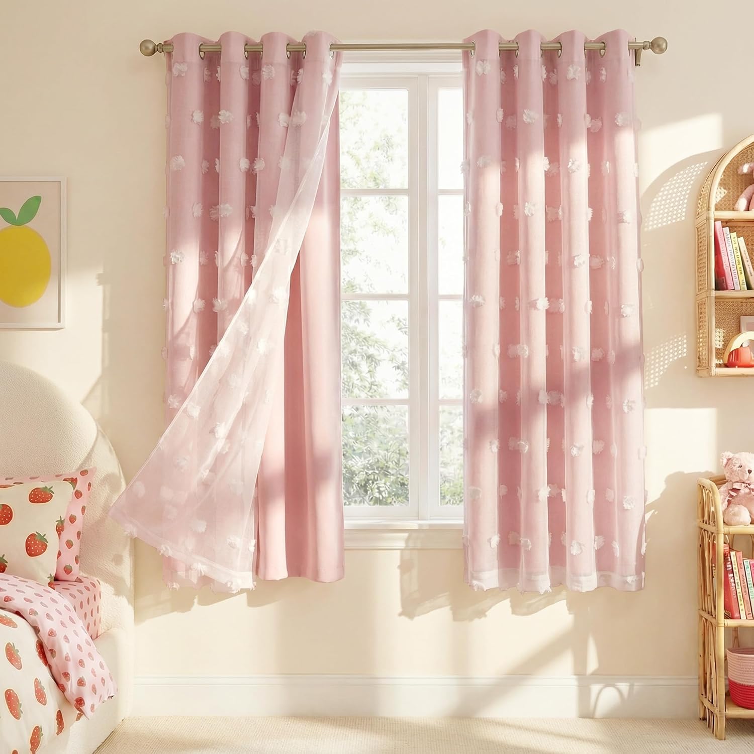 Blush pink grommet curtains with white floral pom-pom texture, layered with a sheer panel, in a bright bedroom.