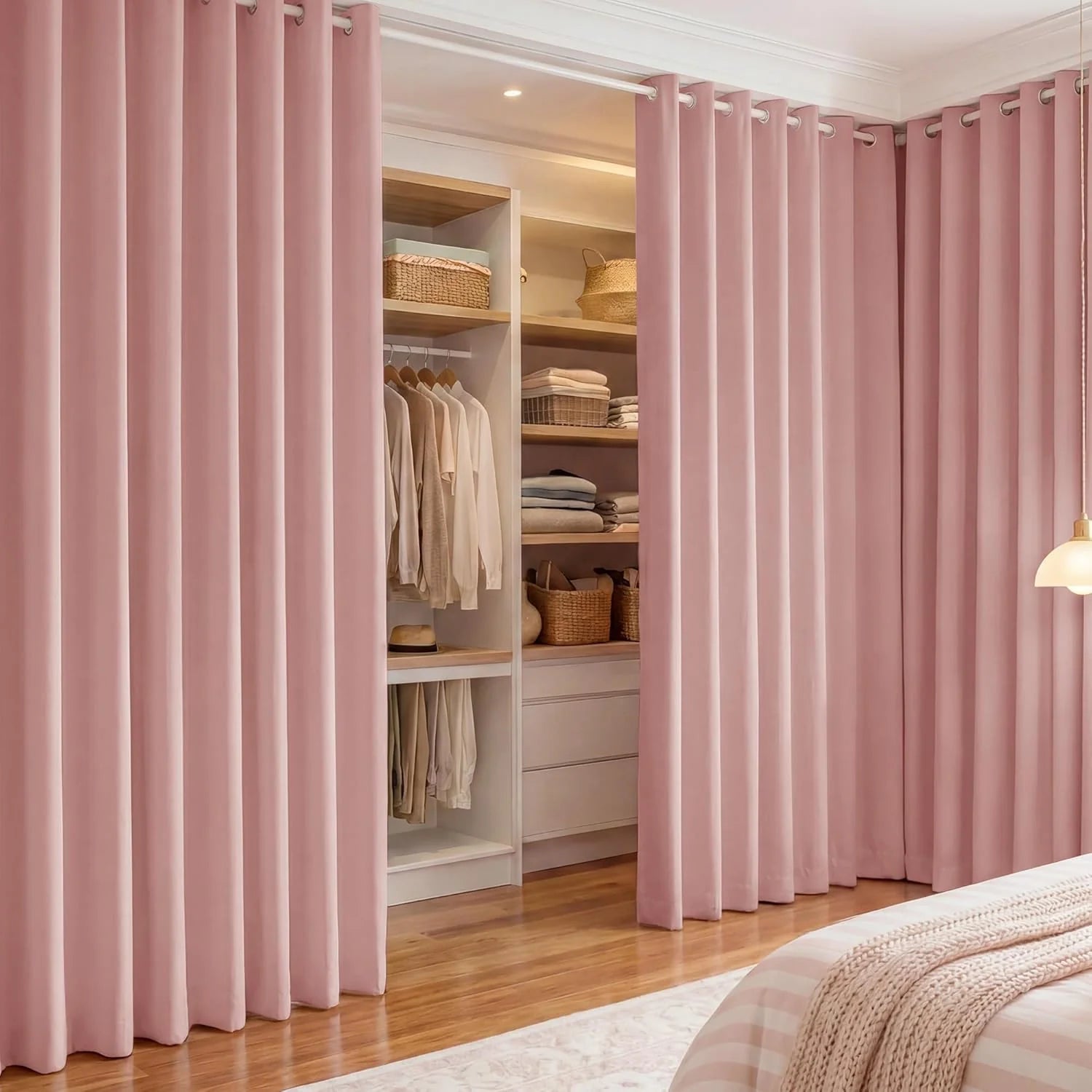 Blush pink grommet curtains covering a tidy, organized bedroom closet.