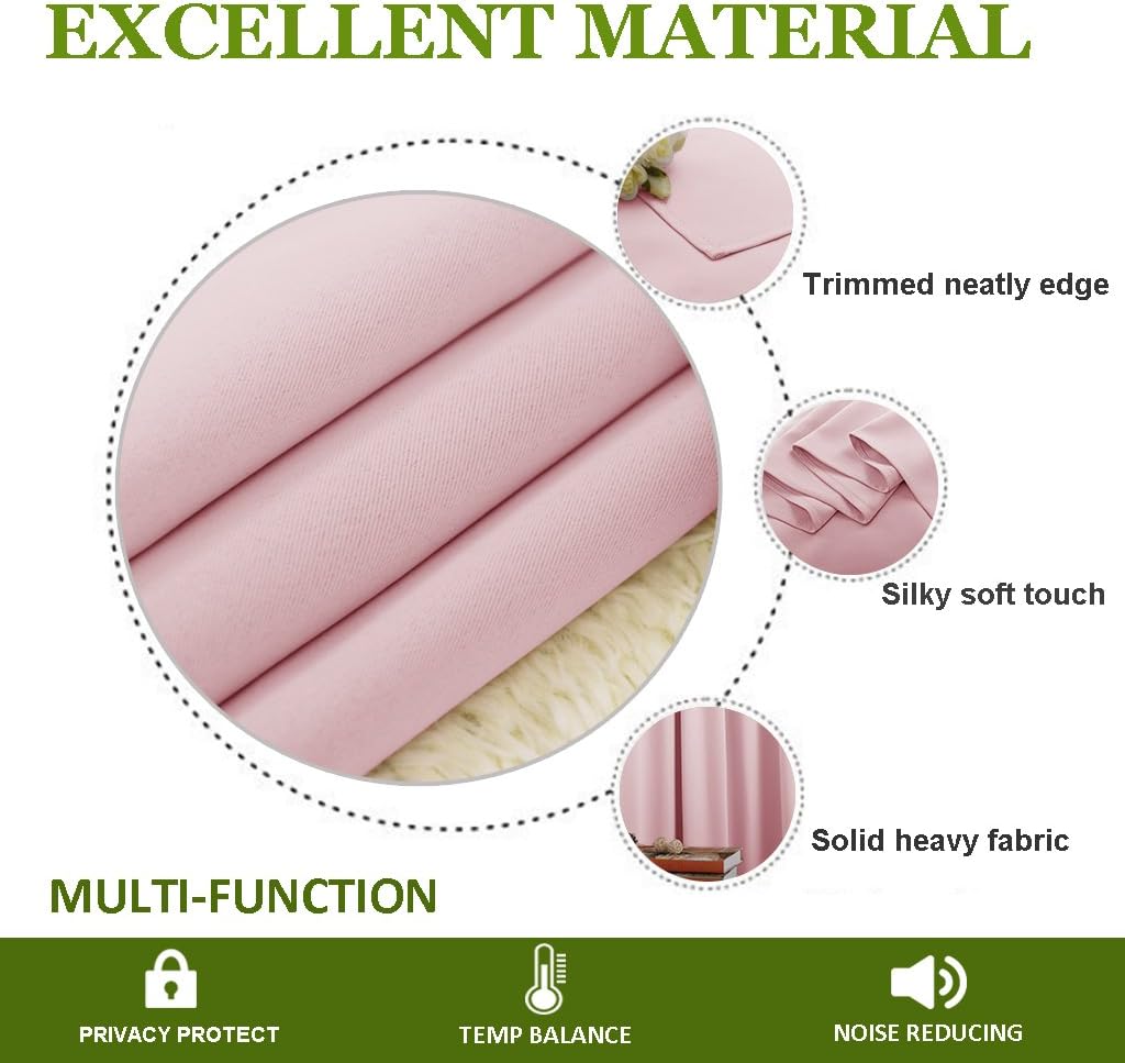 Close-up of blush pink heavy fabric showing neat edge, silky soft touch, and solid thermal curtains.