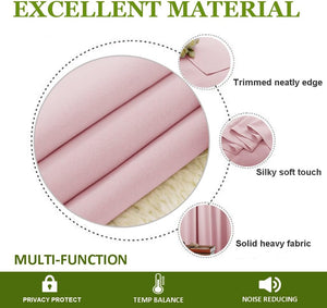 Close-up of blush pink heavy fabric showing neat edge, silky soft touch, and solid thermal curtains.