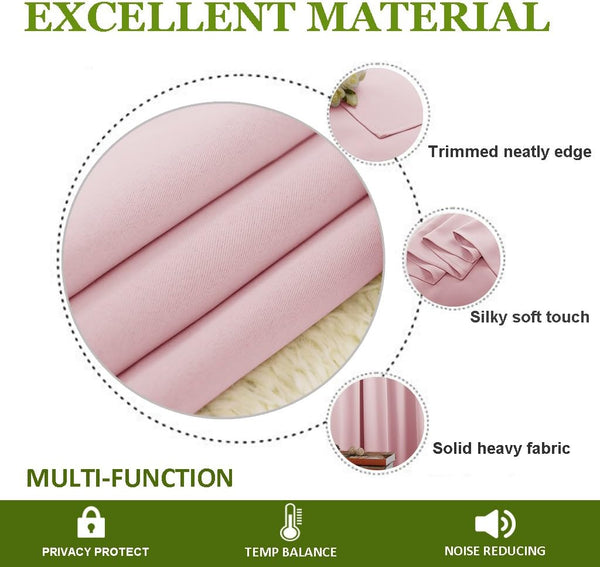 Close-up of blush pink heavy fabric showing neat edge, silky soft touch, and solid thermal curtains.