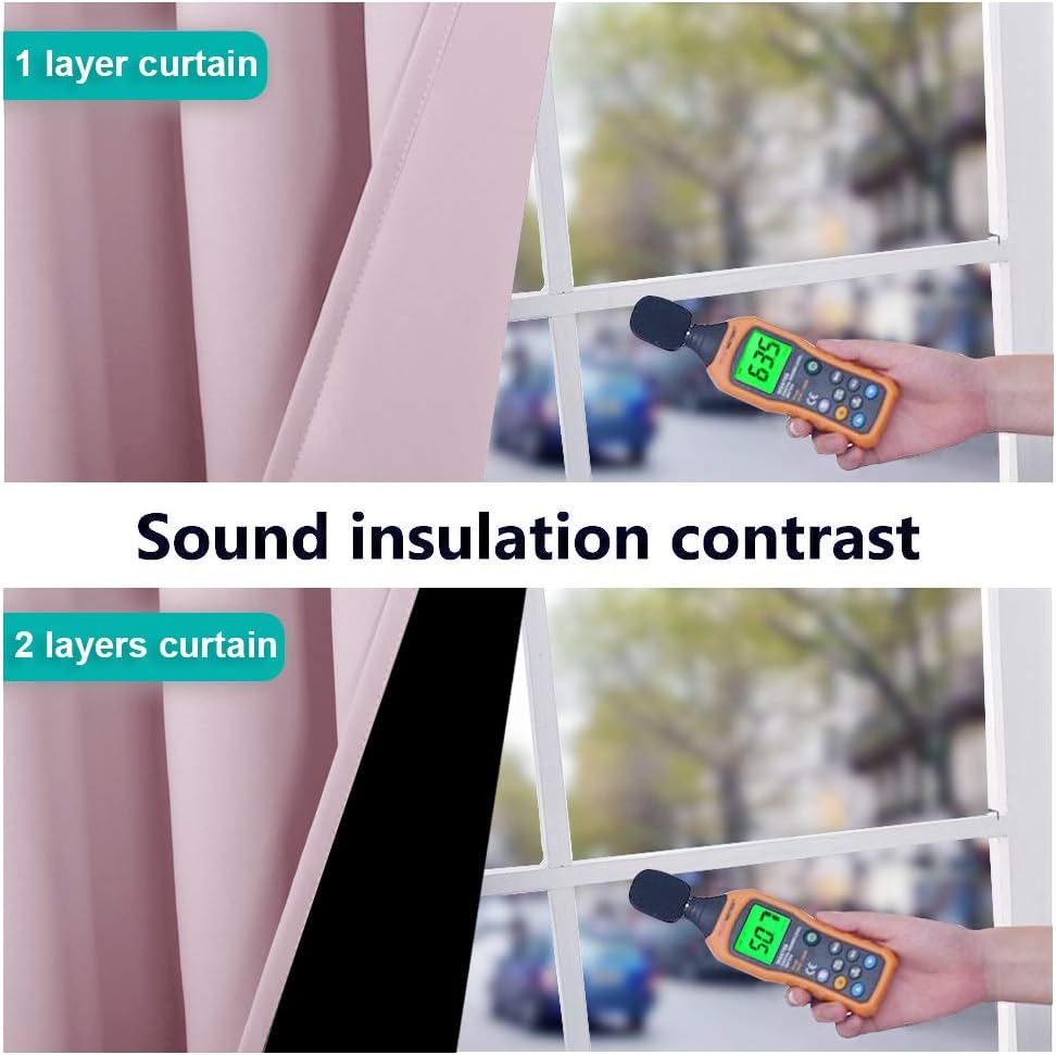 Blush pink soundproof curtains comparison. Single layer shows 63.5 dB, double layer with black lining shows 50.7 dB.