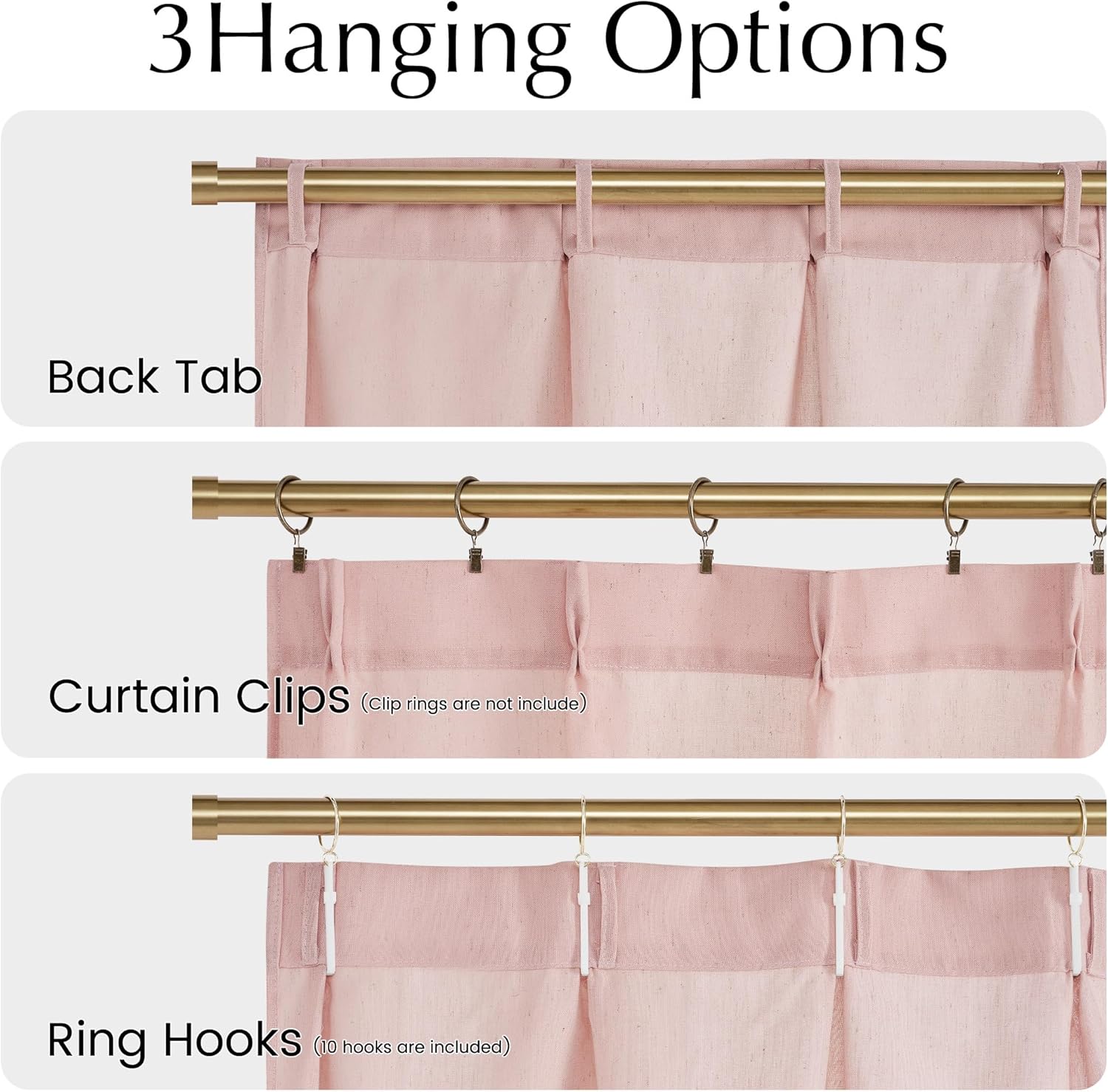 Blush pink textured curtain displays three hanging options: back tab, curtain clips, and ring hooks.