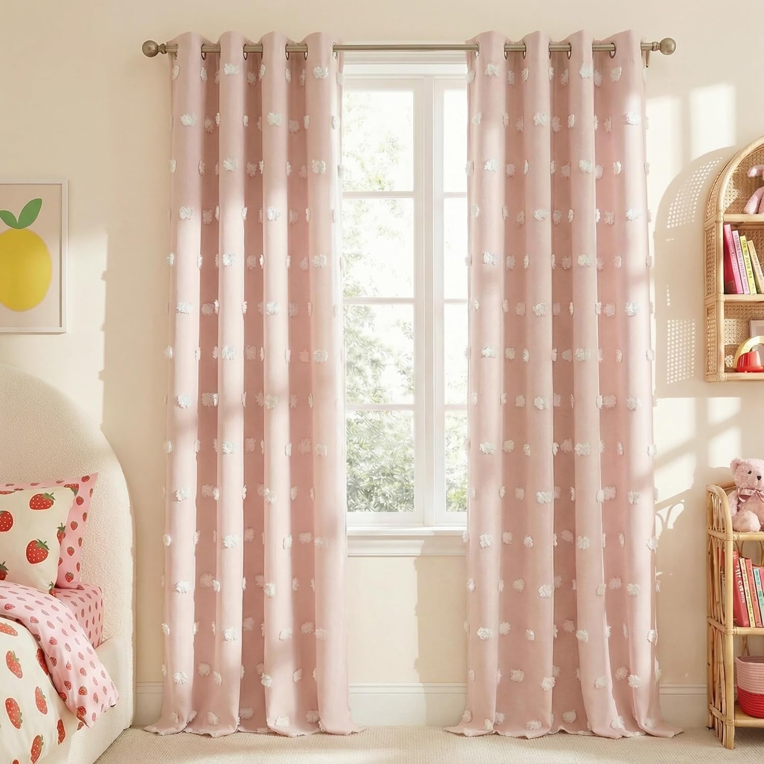 Blush pink curtains with white fluffy pom-pom dots and silver grommet tops in a child's bedroom.