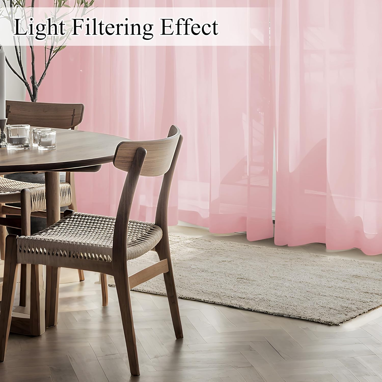 Blush pink sheer light filtering curtains gently illuminate a modern dining room.