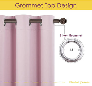 Blush pink blackout curtain panel featuring silver grommet top design on a dark decorative rod.